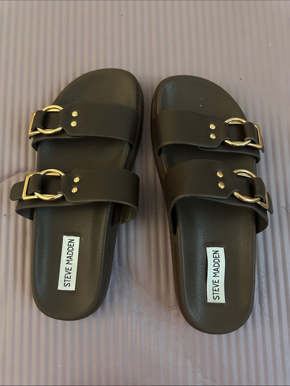 Steve Madden Dark Brown Double Buckle Slide Sandals
